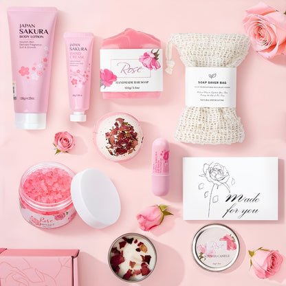 Bath & Body Gift Basket for Women – Rose Home Spa Self Care Set, Birthday Mothers Day Gift for Her, Mom, Sister & Friends (Pink)