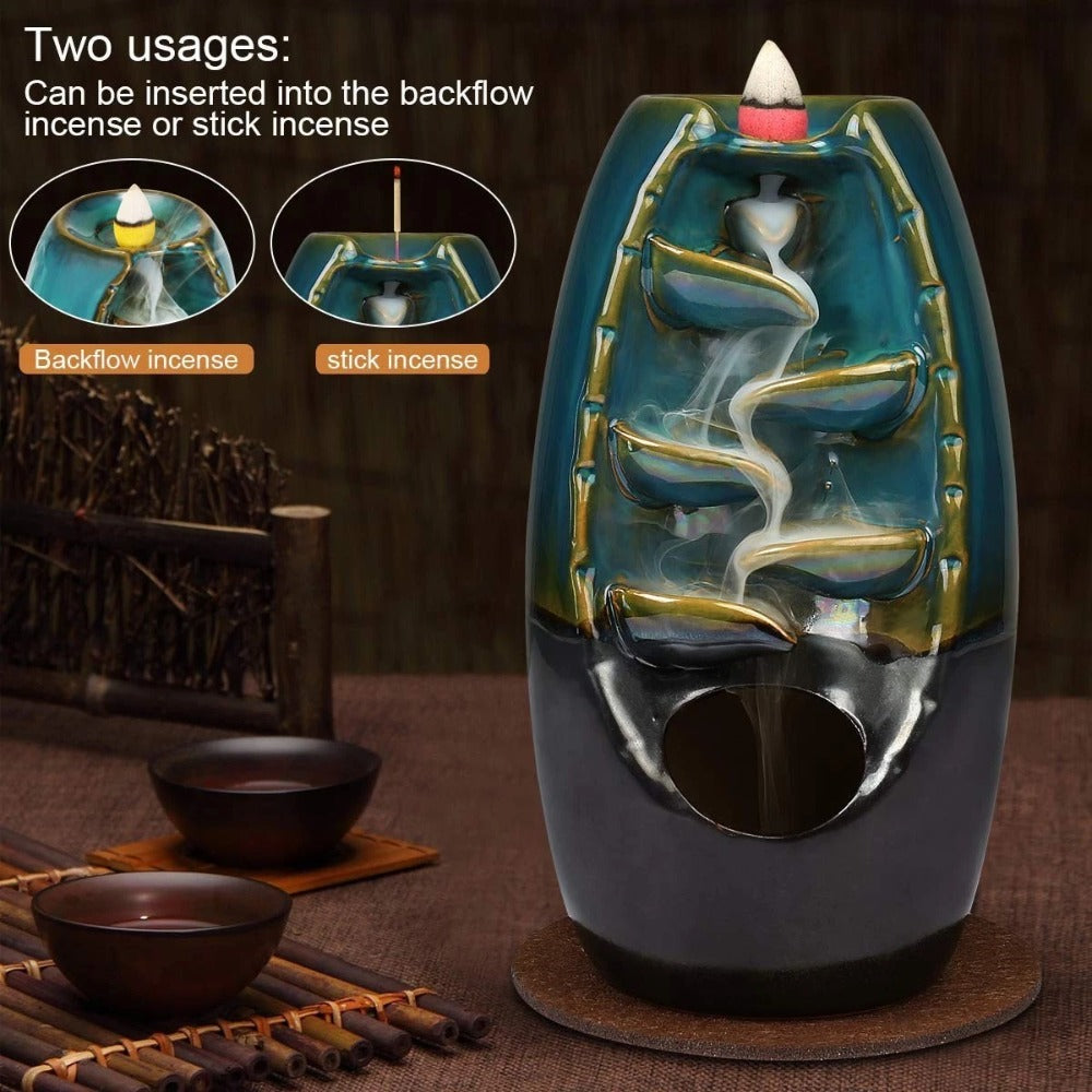 Backflow Incense Holder Waterfall Ceramic Incense Holder, Comes with 60 Incense Cones And 20 Incense Sticks, Can Create A Relaxing Flowing Smoke Effect, Suitable for Use at Home Or During Yoga Or Meditation to Enjoy The Flowing Smoke