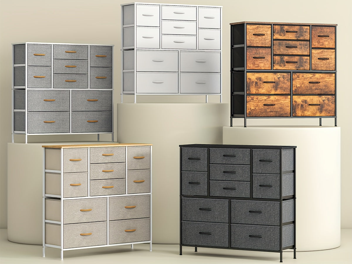 Large 11-Drawer Dresser with Sturdy Metal Frame & MDF Wood Top - Tall Fabric Storage Cabinet with Anti-Tip Design, Adjustable Legs, 68.58cm+ Height, 3.2 Cu Ft Capacity, Black Classic Modern Dresser for Bedroom, Living Room, Office - Easy Assembly, Space-S