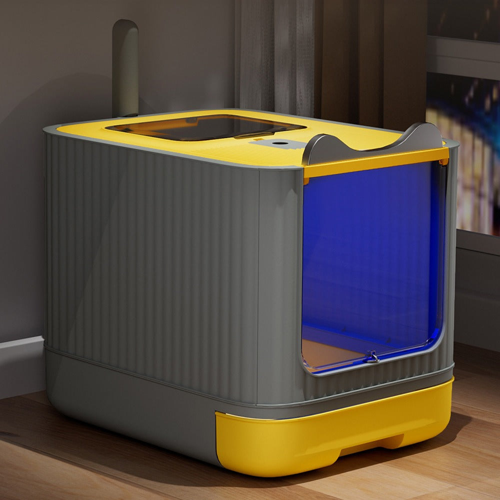 Enclosed Cat Litter Box with UV Sterilisation & Deodoriser | Large Hooded Cat Toilet with Drawer Tray & Scoop | Anti-Splash Odour Control Litter Tray | 44.5x36.5x34.5cm | Grey
