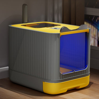 Enclosed Cat Litter Box with UV Sterilisation & Deodoriser | Large Hooded Cat Toilet with Drawer Tray & Scoop | Anti-Splash Odour Control Litter Tray | 44.5x36.5x34.5cm | Grey