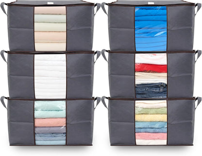 6pcs 90L Large Capacity Fabric Storage Bags for Clothes & Bedding | Foldable Wardrobe Organizers with Handles & Clear Window | Dust & Moisture Protection | Home & Dorm Use