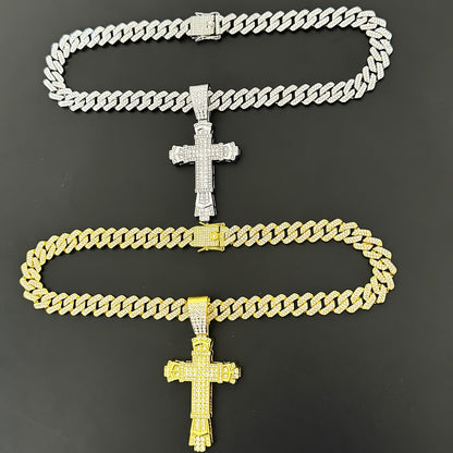 Hip-Hop Plus Size Large Pendant Full Rhinestones Double Layer Thickened Cross Hollow Buckle 14mm Wide Cuban Chain Necklace New Product Creative