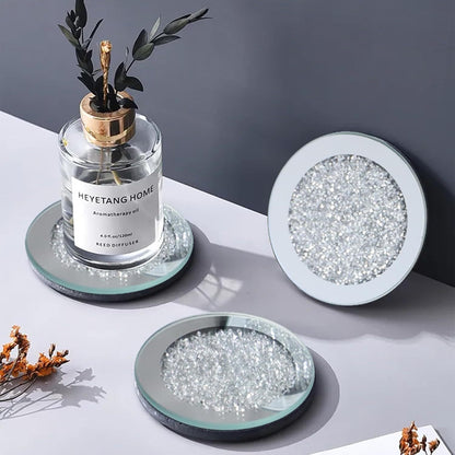 Serena's® Set of 4 Crystal Coasters – 10cm Glass Mirrored Drink Coasters with Glitter Crushed Diamond Design – Elegant Coasters for Home, Kitchen, Bar, or Table Decoration