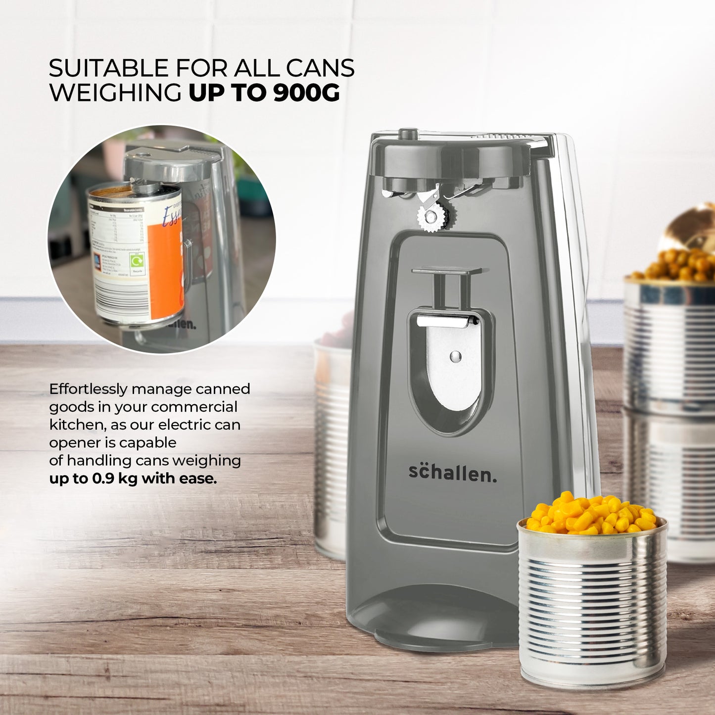Schallen Electric Can Opener Automatic 3-in-1 Kitchen Appliance with Hands-Free Can Opening, Built-In Bottle Opener & Knife Sharpener | Electric Tin Opener for Easy Opening Cans, Jars, and Bottles | Hidden Power Cord Storage | Stainless Steel Durable Kitc