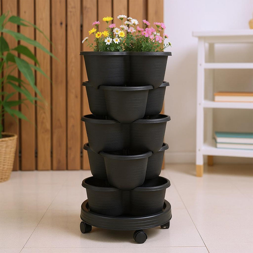 5-Layer Strawberry Tower Planter 3-Petal Tiered PP Plastic Pot for Strawberries Vegetables Fruits Herbs Indoor Outdoor Garden Patio 31.5x13.5cm Black Green UK