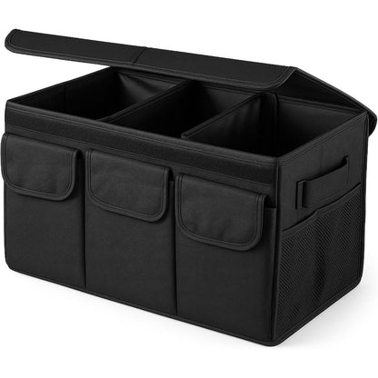 Durable Foldable Car Trunk Organizer with Lid for Cars, SUVs, and Vans – Luggage Sorting Bin with Accessory Compartments for On-the-Go Organization