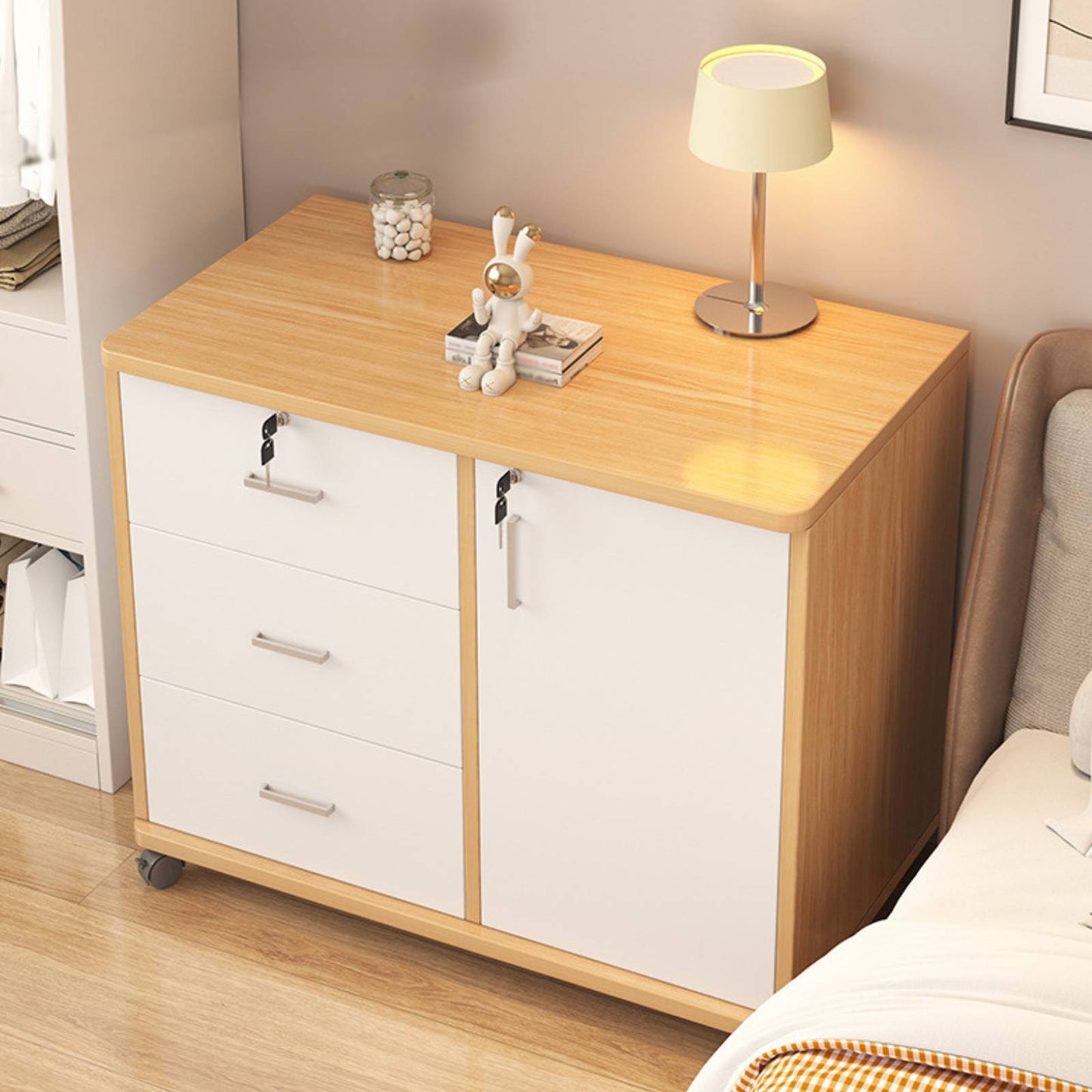 Mobile File Cabinet, Bedside Table, Organizer, Table, Book Shelf Study Table Monitor Stand, 3-Drawer Lockable Filing Cabinets for Home & Office, Printer Stand, Storage Cabinet with Drawers 1 Door 4 Wheels, Office Storage Rolling Office Cabinet