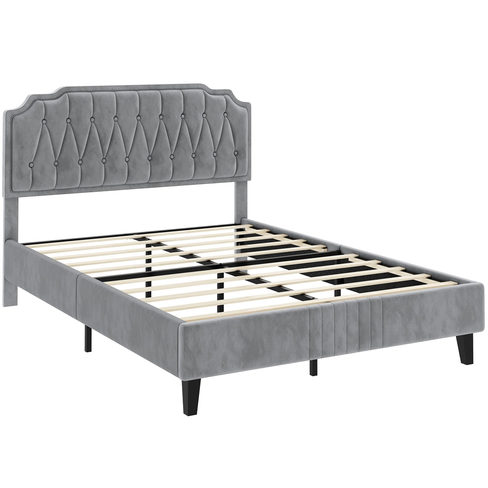 Costoffs Double/King Bed Frame Upholstered Platform Bed with Adjustable Button Tufted Headboard/Velvet Fabric/Mattress Foundation/Sturdy Wooden Slat Support, No Box Spring Needed, Black/Beige/Dark Grey/Light Grey