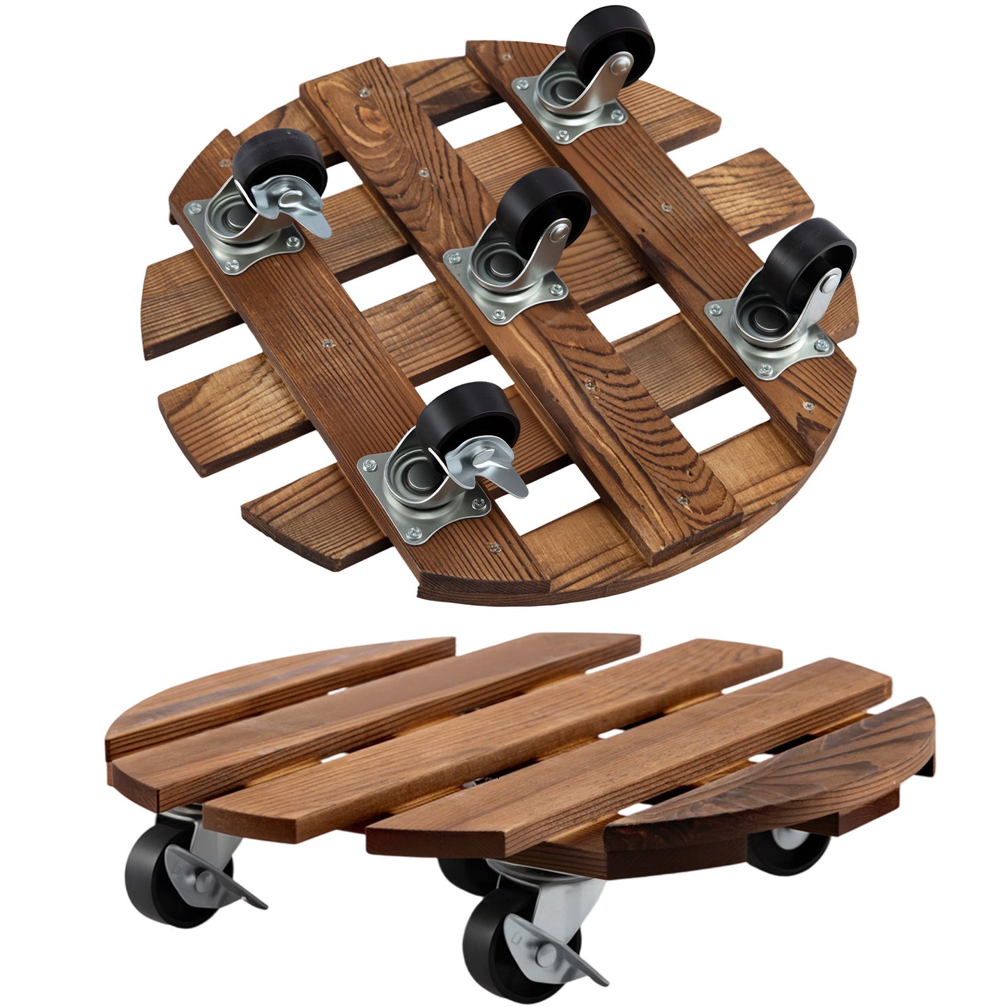 2 Pack Wooden Plant Caddy with Wheels 30cm Round Rolling Plant Stand with Metal Lockable Caster Wheels Heavy Duty Mobile Plant Holder Plant Dolly for Indoor Outdoor Garden Decor