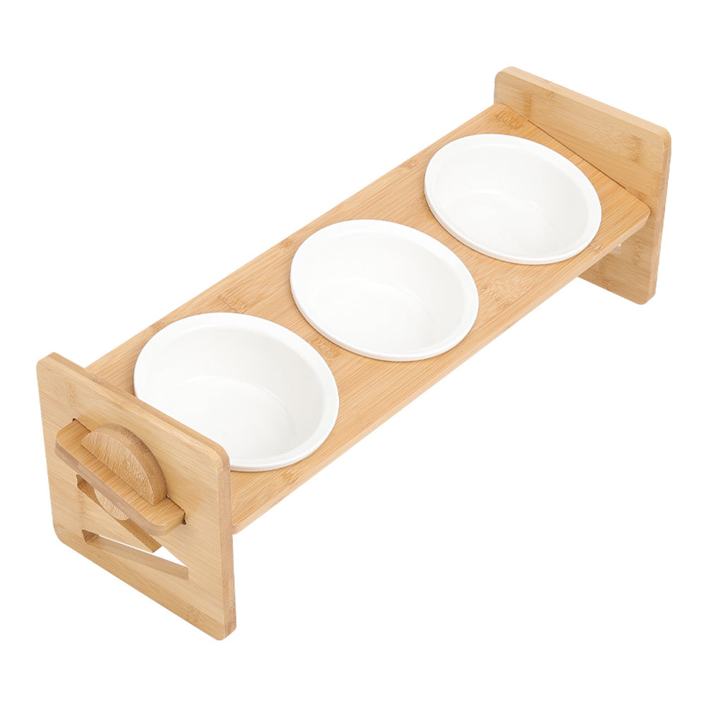 Raised Cat Bowl, Cat Bowls with Stand Tilted 15°, Adjustable Elevated Ceramic Cat Food Bowl for Cats and Small Dog, Adjustable Dog Bowl Stand - Raised Bamboo Stand with One, Two, or Three Ceramic Bowls for Feeding Small,Medium Sized Dogs, Cats,and Pets -
