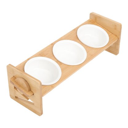 Raised Cat Bowl, Cat Bowls with Stand Tilted 15°, Adjustable Elevated Ceramic Cat Food Bowl for Cats and Small Dog, Adjustable Dog Bowl Stand - Raised Bamboo Stand with One, Two, or Three Ceramic Bowls for Feeding Small,Medium Sized Dogs, Cats,and Pets -