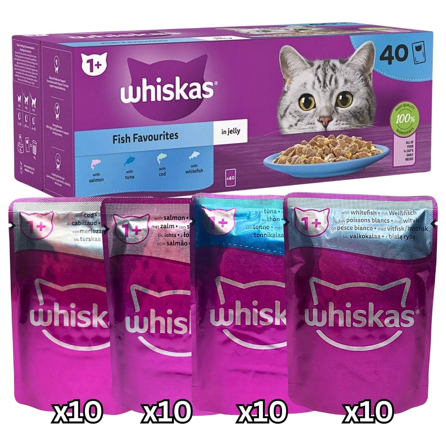 Whiskas Fish Favourites in Jelly 1+ Adult Cat food 85g x 40 (Flavours: 10x Whitefish, 10x Tuna, 10x Salmon,10x Cod)