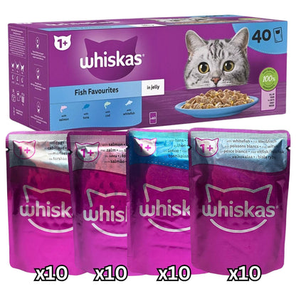 Whiskas Fish Favourites in Jelly 1+ Adult Cat food 85g x 40 (Flavours: 10x Whitefish, 10x Tuna, 10x Salmon,10x Cod)