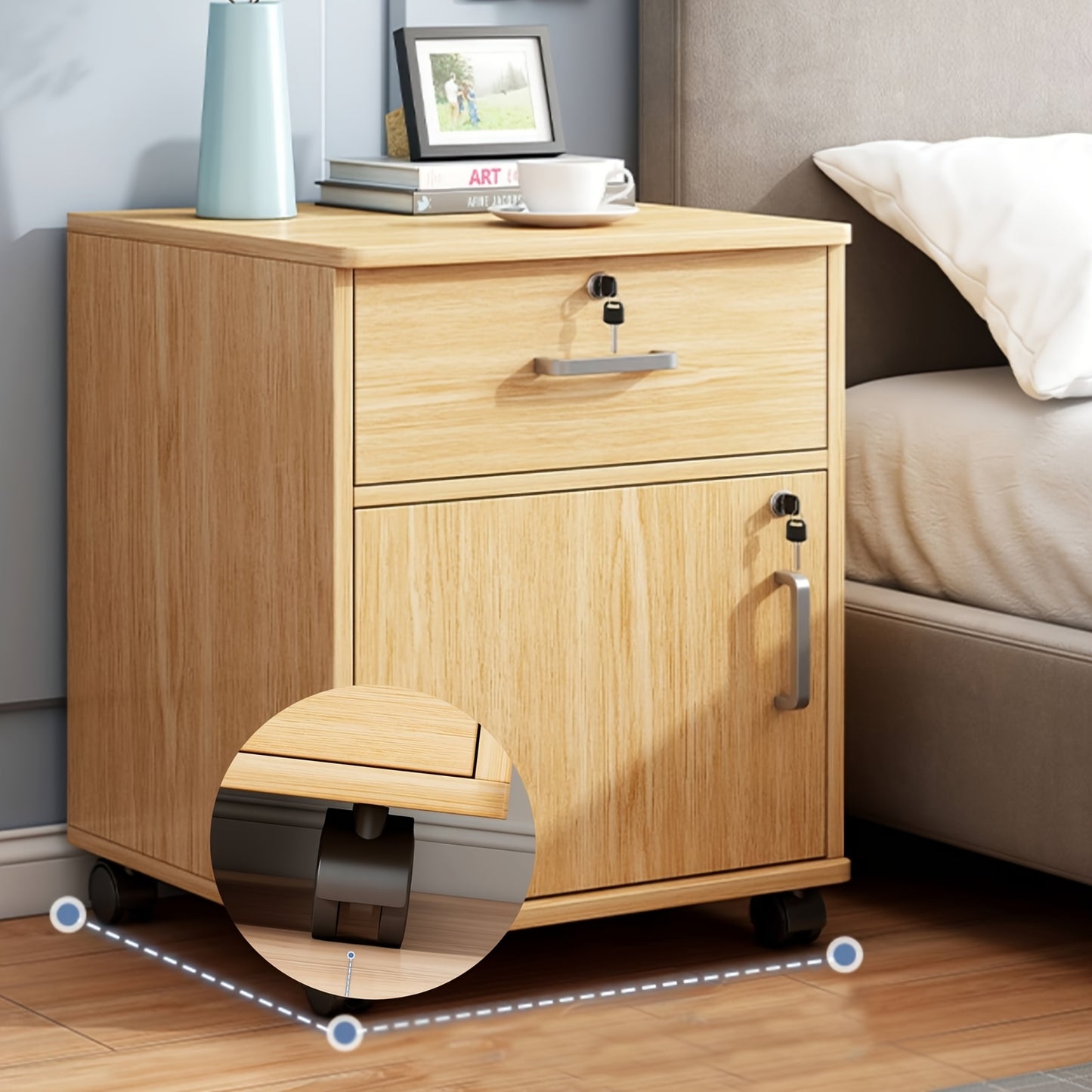 3-Drawer File Cabinet, Mobile Printer Stand Cabinet with Adjustable Shelf, Rolling Lateral Filing Cabinet with Wheels, Bedside Storage Cabinet with Lock Removable Wheels Anti-Theft Bedroom End Table for File Document