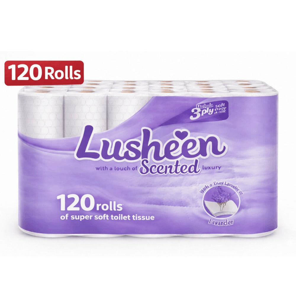 Lusheen Lavender 3-Ply Toilet Roll 120 Rolls Bulk Pack 150 Sheets Per Roll Quilted Scented Ultra-Soft Toilet Paper UK