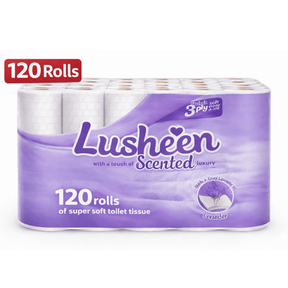 Lusheen Lavender 3-Ply Toilet Roll 120 Rolls Bulk Pack 150 Sheets Per Roll Quilted Scented Ultra-Soft Toilet Paper UK