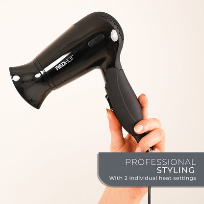 Red Hot 37079 1200W Travel Hair Dryer with Folding Handle/Dual Voltage / 2 Heat Settings/Compact & Lightweight/Black