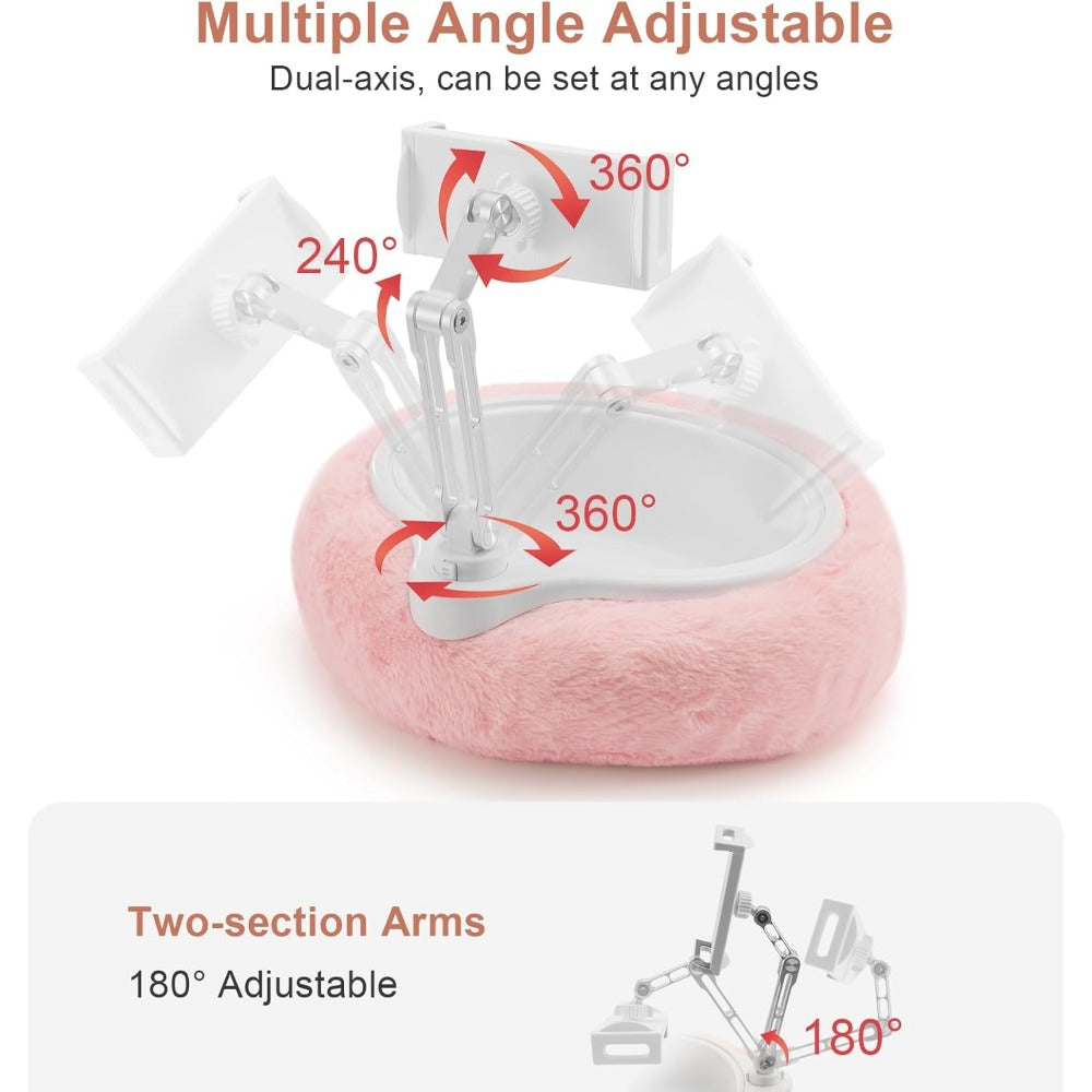 Plush Pillow Tablet Stand Holder with Snack Bowl 360° Rotating Clip 180° Foldable Arm for iPad Kindle iPhone 4.7–9.8 Inch – Hands-Free Lap Cosy Reading Stand for Bed Sofa Car Pink