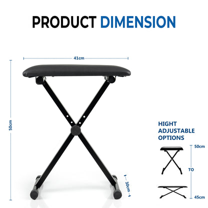 Folding Black Music Piano Stool Fully Adjustable Height Pro X Frame Keyboard Bench Seat - Non Slip Feet