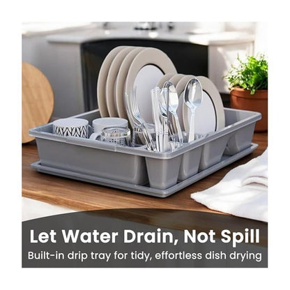 STL Plastic Dish Drainer with Anti-Drip Tray, Capacity for 13 Plates, 5 Color Options, Food Grade, BPA Free, Kitchen Organizer (Grey)