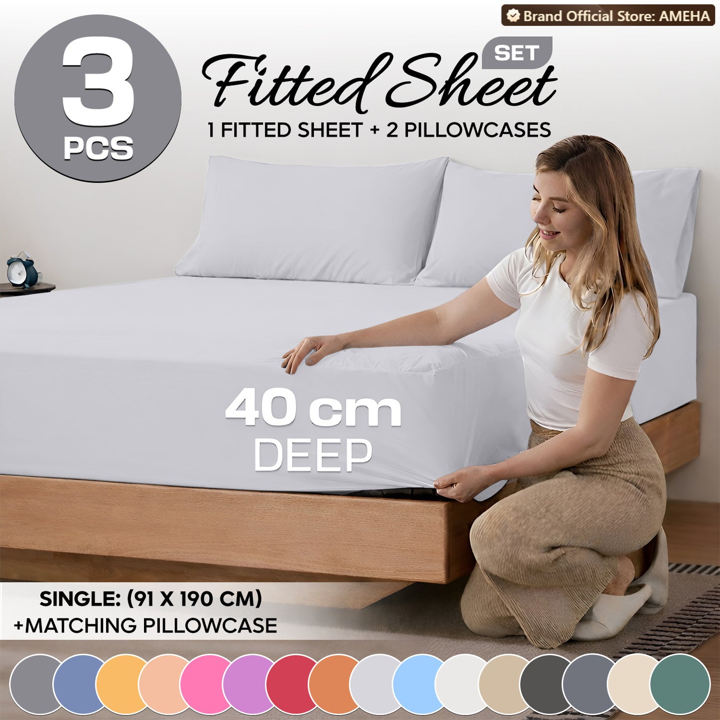 3pcs 40cm Extra Deep Fitted Sheet – Solid Color Soft & Comfortable Bed Sheet with 2pcs Matching Pillowcases, Breathable Fabric Soft Brushed Microfiber Bedding, Machine Washable for Home Bedroom, Hotel