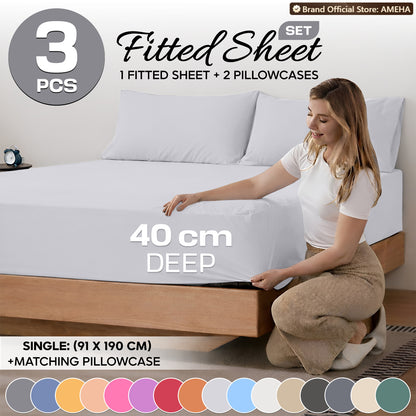 3pcs 40cm Extra Deep Fitted Sheet – Solid Color Soft & Comfortable Bed Sheet with 2pcs Matching Pillowcases, Breathable Fabric Soft Brushed Microfiber Bedding, Machine Washable for Home Bedroom, Hotel