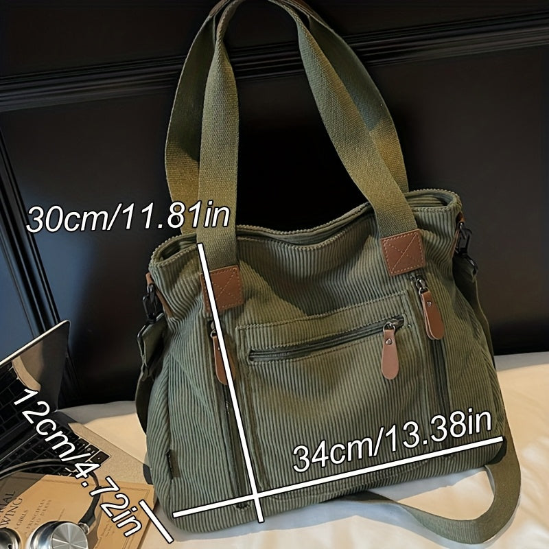 Corduroy Tote Bag Women Large Capacity – Adjustable Shoulder Strap, Multi-Pocket Crossbody Handbag for Work, Shopping & Daily Commute | Beige Vintage Style