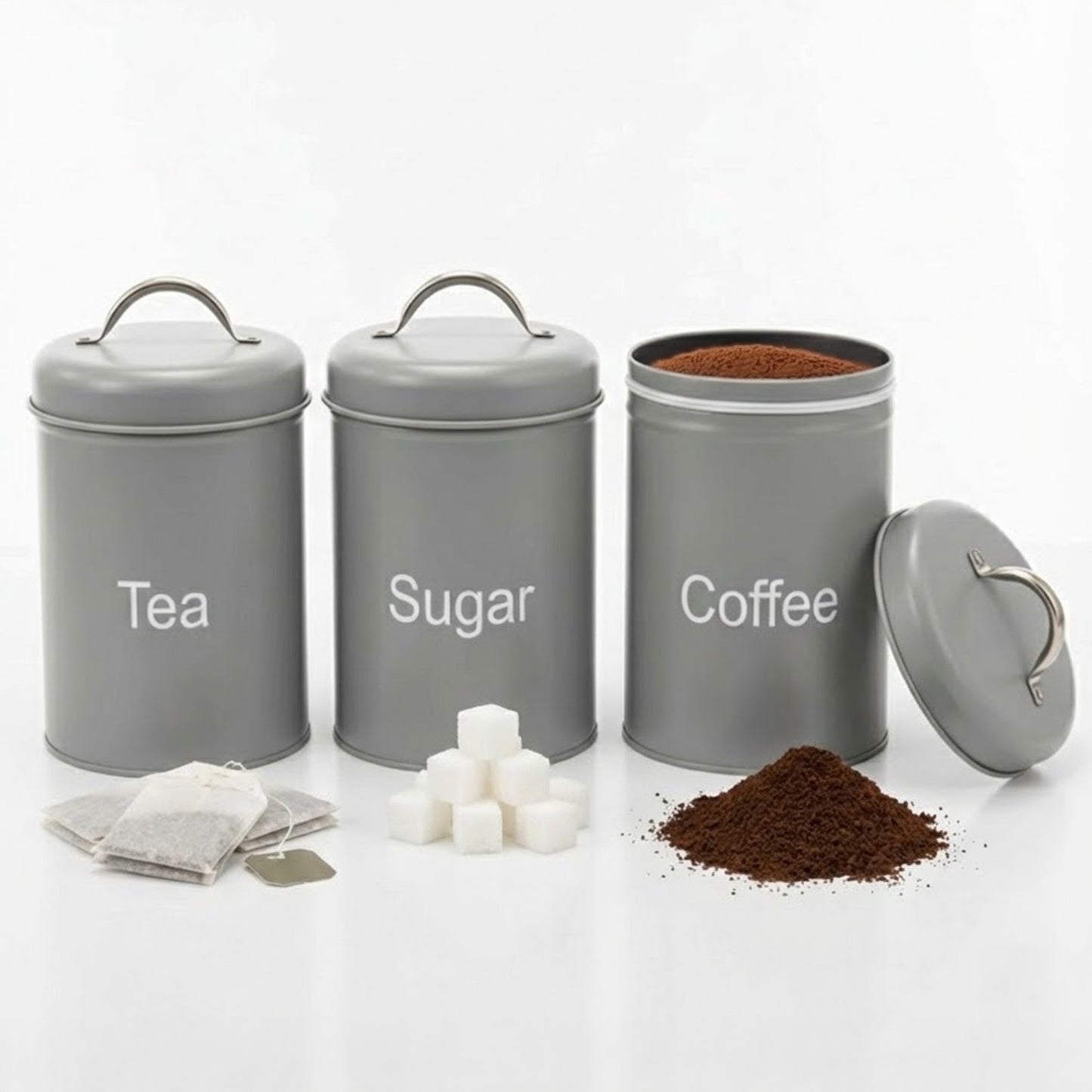 ADEPTNA 3pcs Tea Coffee Sugar Canister Set Airtight Metal Kitchen Storage Jars with Lids Durable Round Food Containers Easy Clean, Minimal Modern Design for Home, Office & Camping