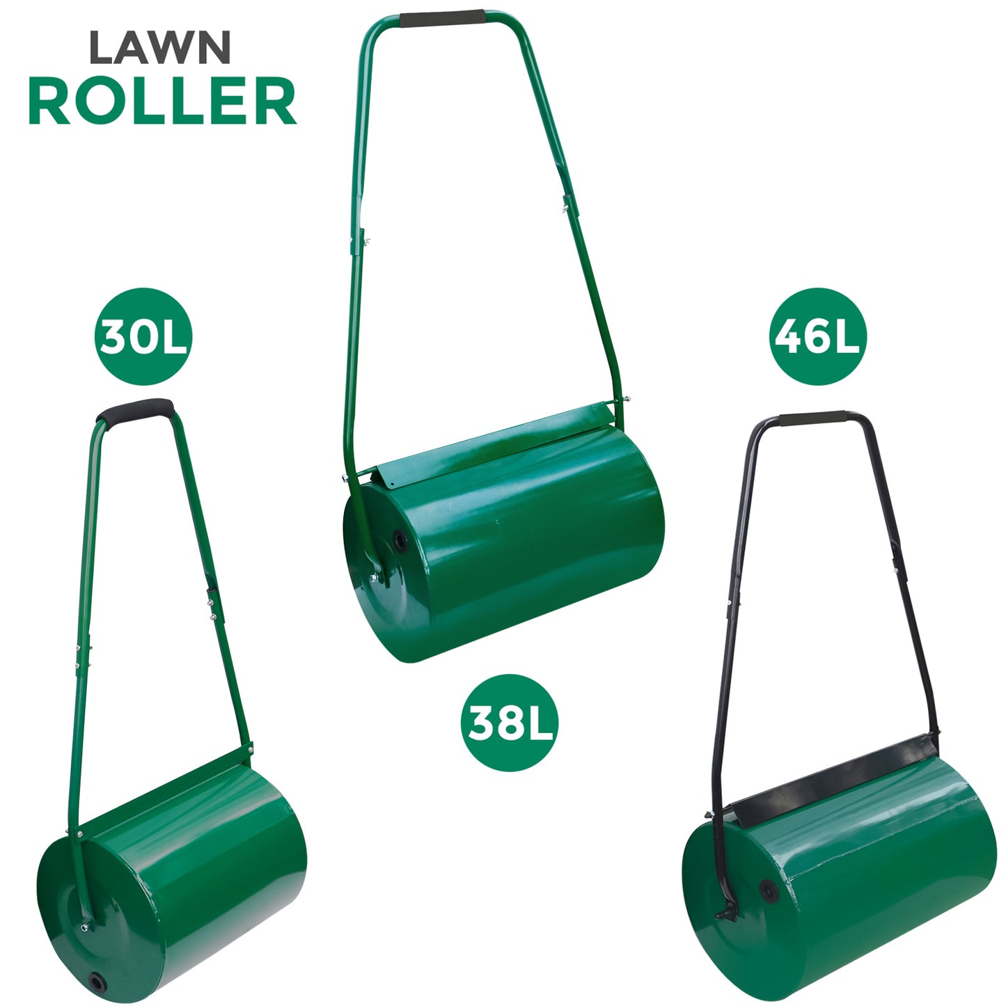 Heavy Duty Garden Grass Lawn Roller - Large Water or Sand Filled Drum, Galvanized Steel Construction, Scraper Bar & Collapsible Handle for Levelling Uneven Ground - Green