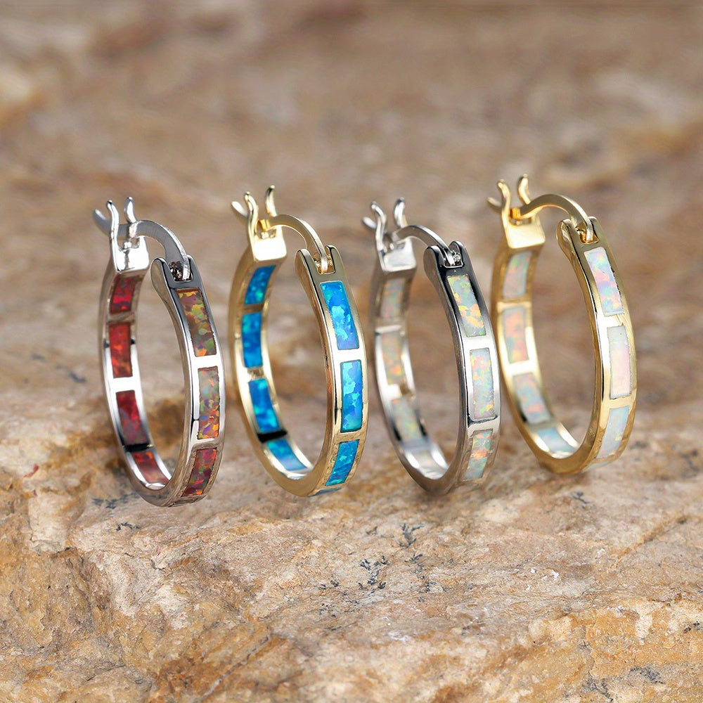 Boho Vintage Blue White Synthetic Opal Earrings | 14K Golden Plated Copper Hoop Earrings for Women, Suitable for Daily and Party Occasions
