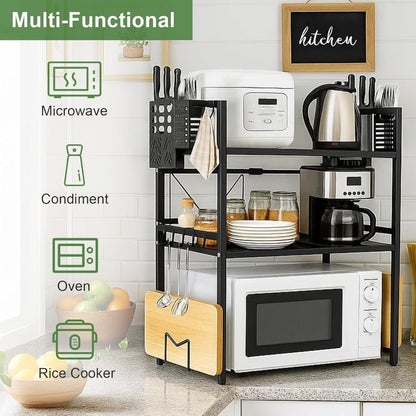 Heavy-Duty Expandable Microwave Rack - Adjustable Width (40-60cm) & Height, 3-Tier Kitchen Organizer with 6 Hooks, Space-Saving Countertop/Cabinet Storage Shelf, Sturdy Metal Construction, Easy Assembly for Microwave, Pots, Pans, Utensils - Ideal for Smal