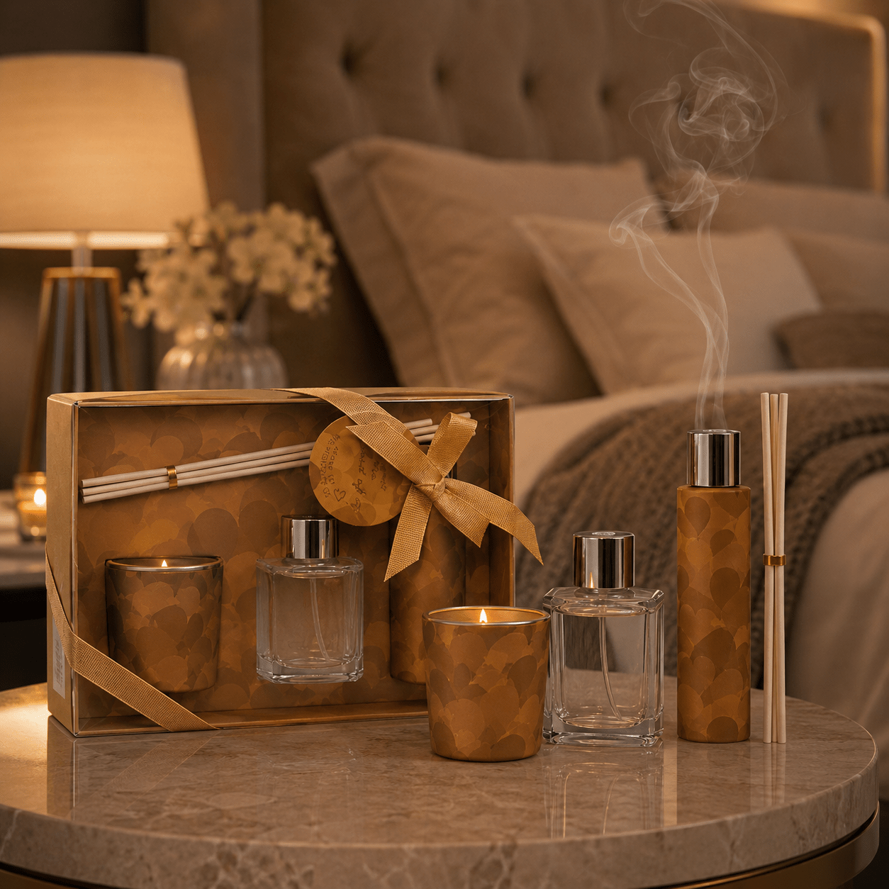 Air Freshener Gift Set with Reed Diffuser, Scented Candle & Room Spray – 4pcs Home Fragrance Set – Surprise Color (2 Color Variants)