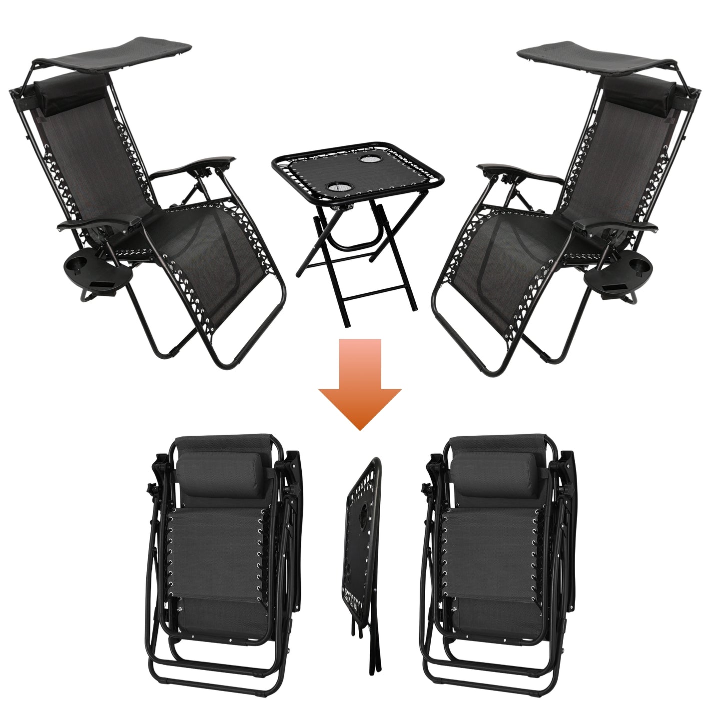 Garden Mile 3pcs Zero Gravity Sun Lounger Set with Table - 2 Folding Reclining Chairs with Canopy Shade, Cup Holder & Phone Tray, Adjustable Headrest, Portable Garden, Patio, Beach Chairs - Black