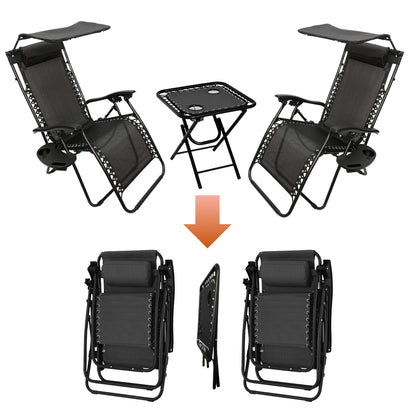 Garden Mile 3pcs Zero Gravity Sun Lounger Set with Table - 2 Folding Reclining Chairs with Canopy Shade, Cup Holder & Phone Tray, Adjustable Headrest, Portable Garden, Patio, Beach Chairs - Black