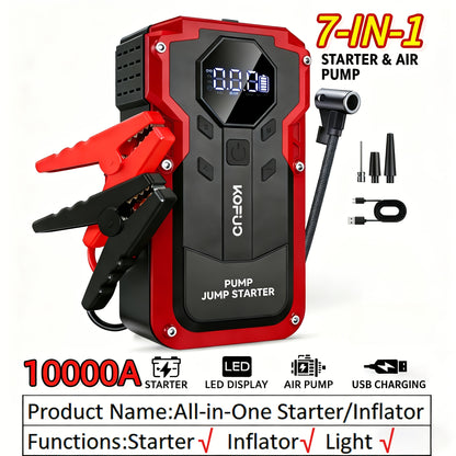 5000A/10000A Peak 12V Car Jump Starter Battery Booster Jump Box, 150PSI Air Compressor Tire Inflator, Up to 10L Gasoline/8L Diesel Engines, 7-In-1 Power Bank, LCD Display, LED Flashlight SOS Strobe, Emergency Kit for Cars SUV Motorcycles