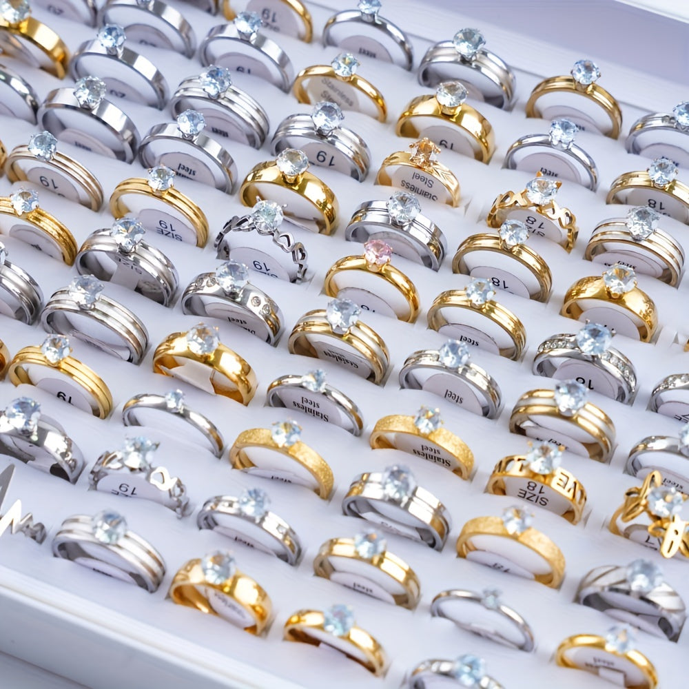 20 Fashionable Classic Rhinestone Stainless Steel Rings for Women and Men, Simple Shiny Colorful Finger Jewelry, Wedding Party Gift
