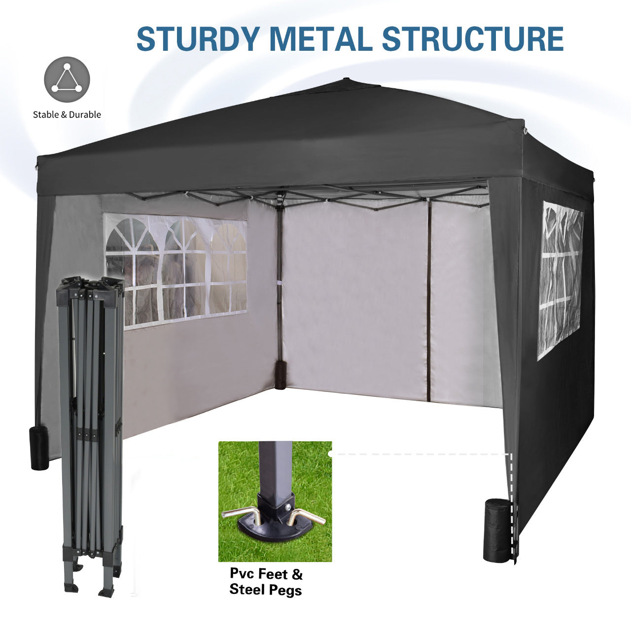Pop-up Gazebo 3m x 3m with Sides & 4 Weight Bags & Silver Protective Layer Waterproof Marquee Canopy