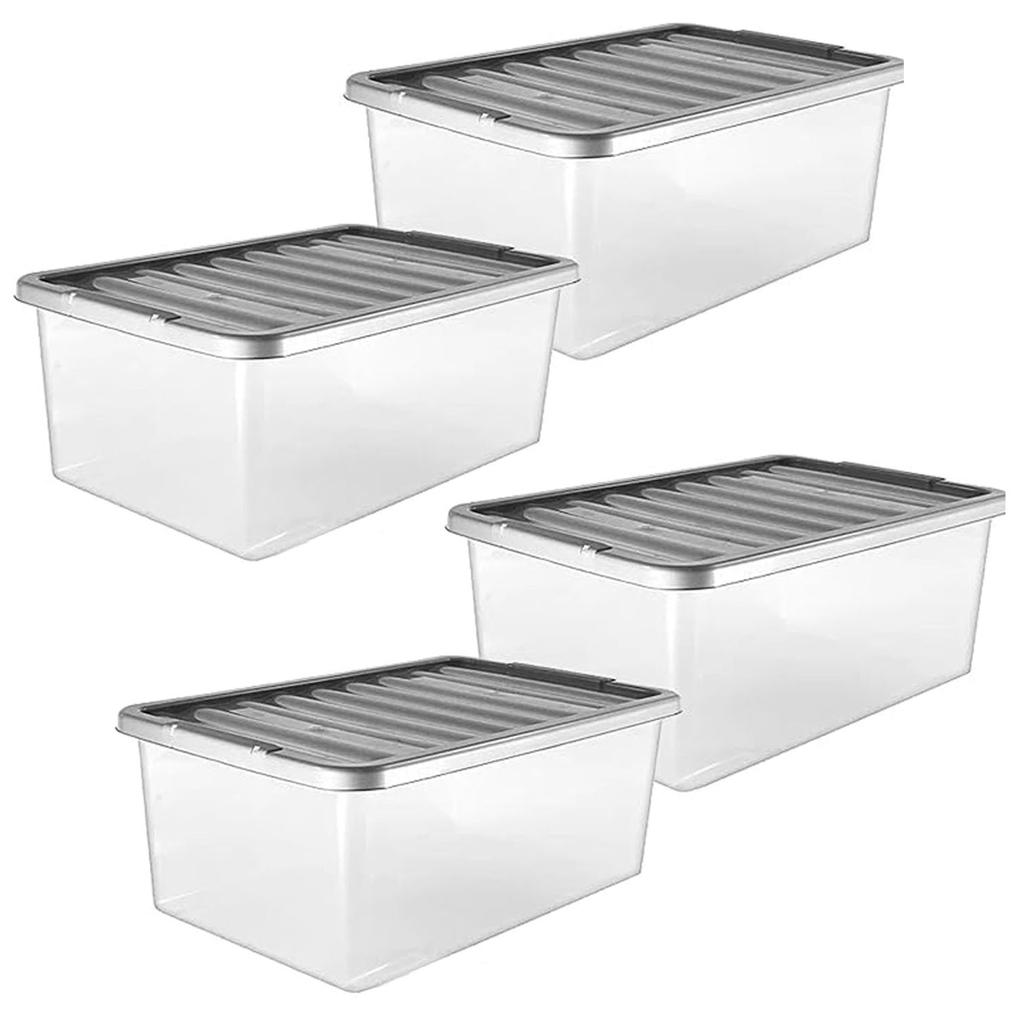 4 Pack 32L Clear Large Storage Boxes Containers Complete With Silver Lids Underbed Home/Office Storage