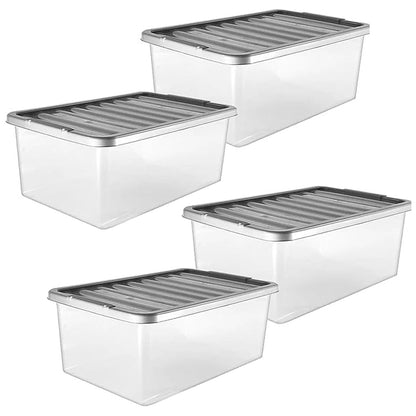 4 Pack 32L Clear Large Storage Boxes Containers Complete With Silver Lids Underbed Home/Office Storage