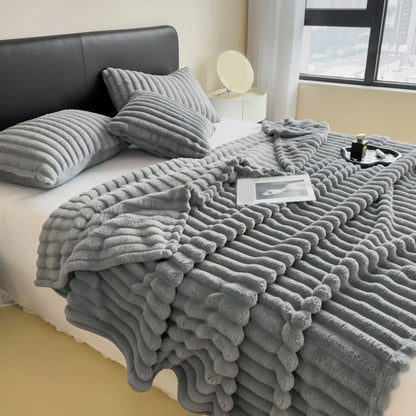 1pc Large Strips Ribbed Throw Blankets | Luxurious 270g Flannel Fleece Blanket | Warm Cozy Blanket Throws For Sofas, Bed, Chair, Couch, Settee | Super Soft Warm Blanket Single Double King Super King Size, Machine Washable, Easy Care, Perfect for Home, Tra