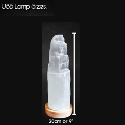 Selenite Crystal USB LED Lamp with Wooden Base Handmade White Crystal Tower white Light lamp for Home Decoration, Meditation, Yoga & Gifting