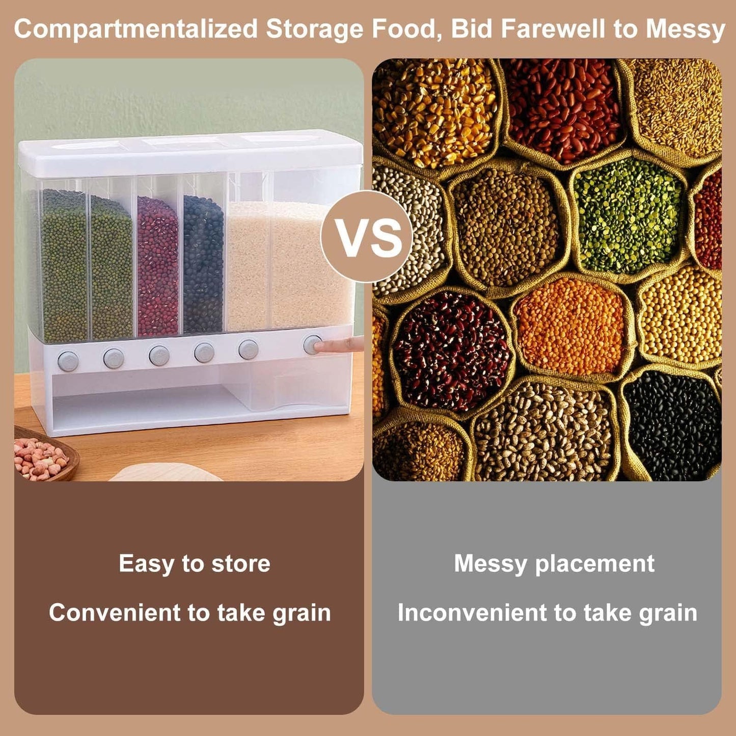 6 in1 Cereal Dispenser Dry Food Dispenser Storage Container Wall Mount Cereal Grain Rice Dispenser 6 Grid Rice Dispenser Food Bucket for Kitchen Home