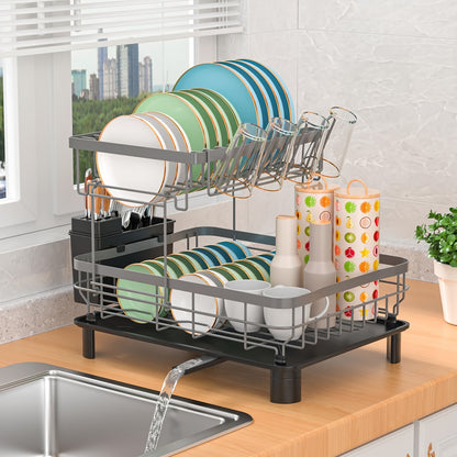 Dish Drainers, Double Layer Dish Rack with Drainage Plate, Dish Drying Rack with Tableware Rack And Cup Holder