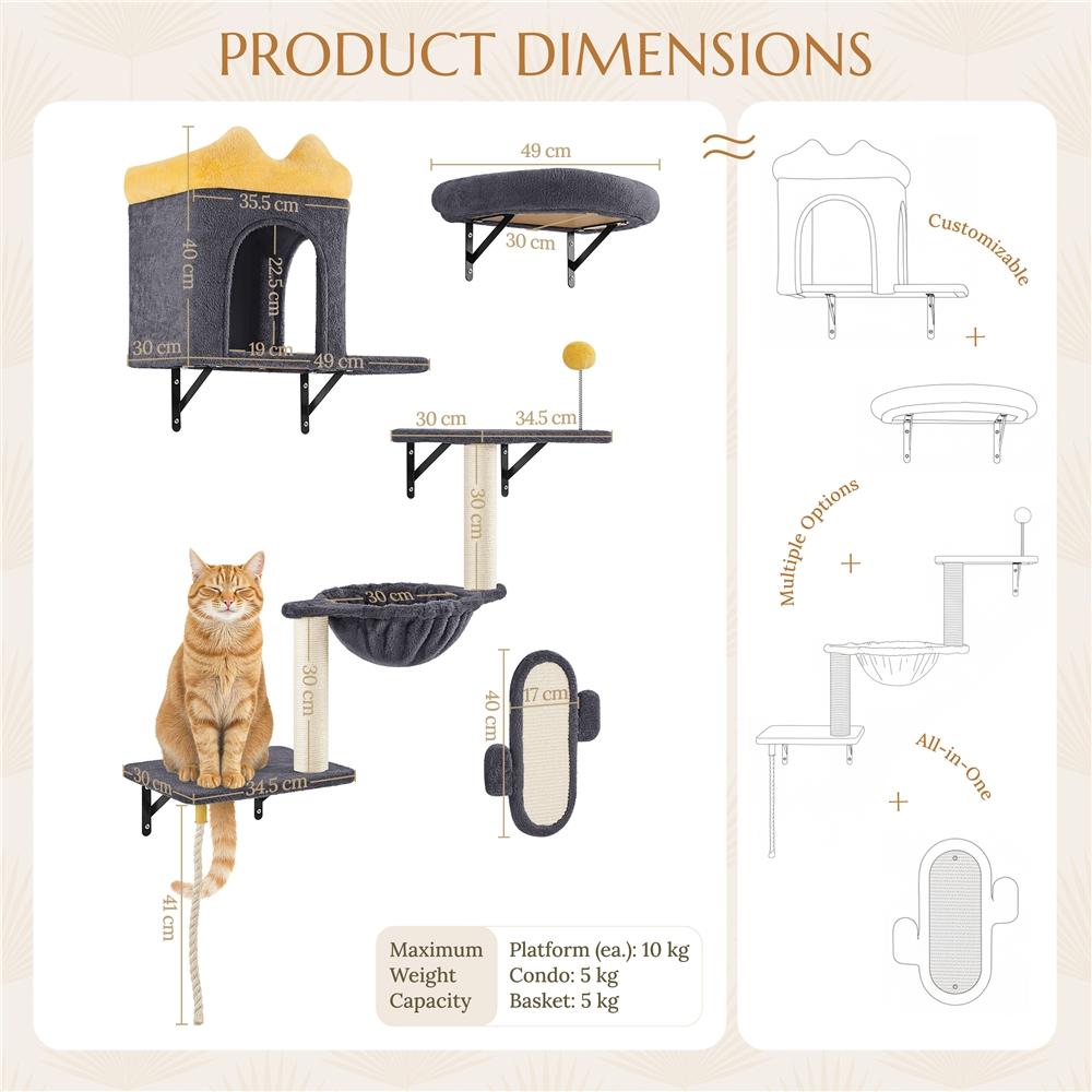 Costoffs Cat Tree Wall-Mounted Cat Furniture, Cat Wall Shelves & Perches, Climbing Shelves, Indoor Cat Tower, Wall-Mounted Cat Climbing Tree Set with Condos, Baskets & Scratching Posts, Space-Saving Cat Wall Furniture for Indoor Cats, Beige/Dark Gray