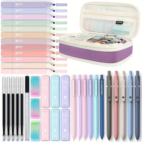 Four Candies 39pcs Cute School Supplies with Pen Case, 5 Black Ink Gel Pens, 12 Pastel Highlighters, 6 Aesthetic Mechanical Pencils Set