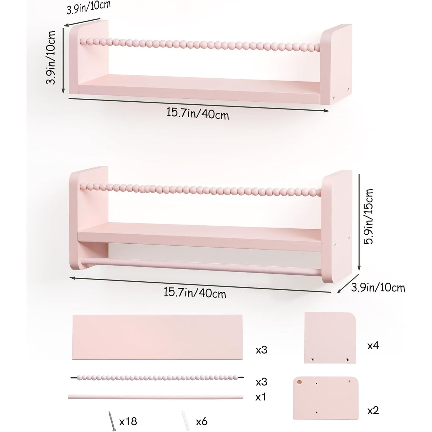 40cm Set of 3 Shelves Floating Book Shelf for Wall, Shelves for Bedroom Bookshelf Pink Room Decor, Solid Wood Small Organizer With Wooden Bead Design