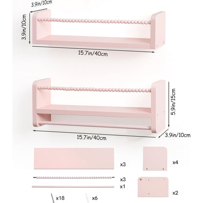 40cm Set of 3 Shelves Floating Book Shelf for Wall, Shelves for Bedroom Bookshelf Pink Room Decor, Solid Wood Small Organizer With Wooden Bead Design