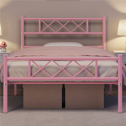 Costoffs Metal Bed Frame Metal-Framed Bed Base with Storage, Bed Foundation for Small Space, Easy Assembly Bed Foundation with Cross-design Headboard and Footboard for Bedrooms, Single/Double/king, Black/White/Pink