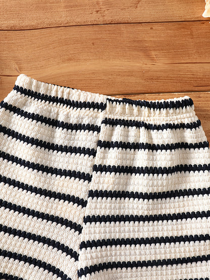 2pcs Set. Girls' Vest And Shorts Outfit, Bow Detail, Striped Knit Jacquard. Easy Fashion Design, Suitable for 1-8 Year Old Girls' Daily Casual Sports, Summer Outfit, As a Gift for Girls. Suitable for Outdoor